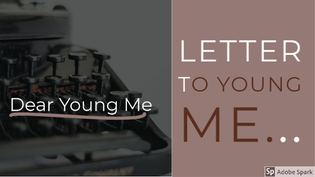 Typewriter on left with Dear Young Me; right panel reads LETTER TO YOUNG ME... in white and brown on muted pink background.