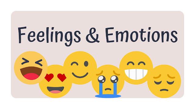 Graphic reading Feelings & Emotions above five emoji faces showing laughter, love, smiles, tears, and sleepiness on beige background.