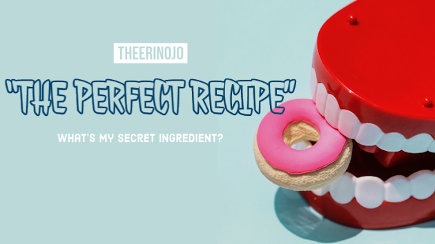 Red toy mouth bites a pink-frosted donut on a pale blue background, with text THE PERFECT RECIPE and WHAT'S MY SECRET INGREDIENT?