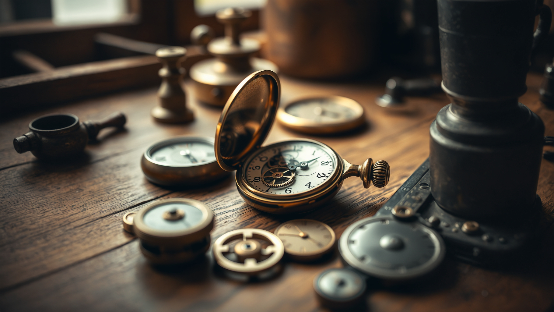 Open gold pocket watch among scattered clock parts on a wooden workbench, warm light, moody vintage scene